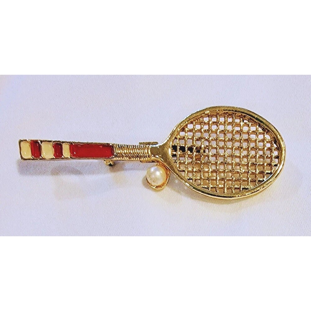Vintage Gerry's Tennis Racquet Brooch Pin Pendant Gold Tone Red Enamel 2.5"